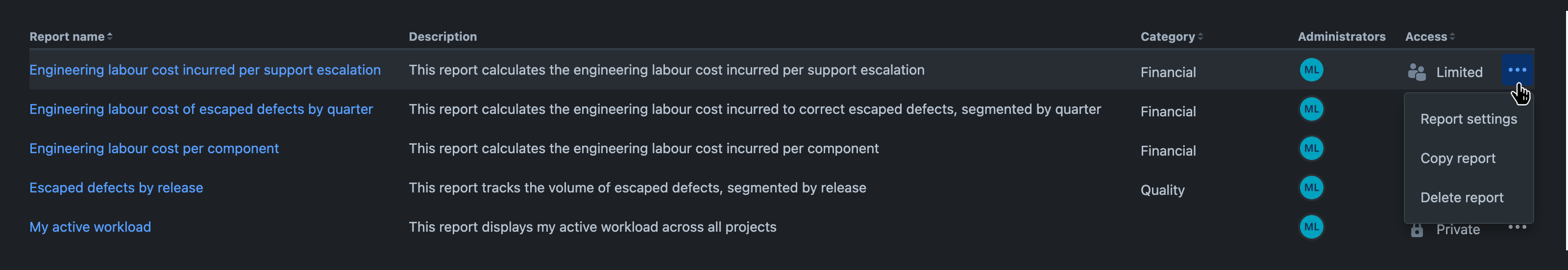 Reports screen displaying a list of reports with the actions menu open for a selected report